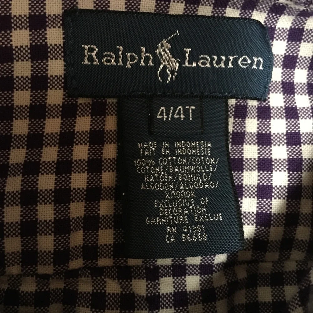 Ralph Lauren Button Down Shirt Boys 4/4T Purple Gingham Long Sleeve Pony Logo